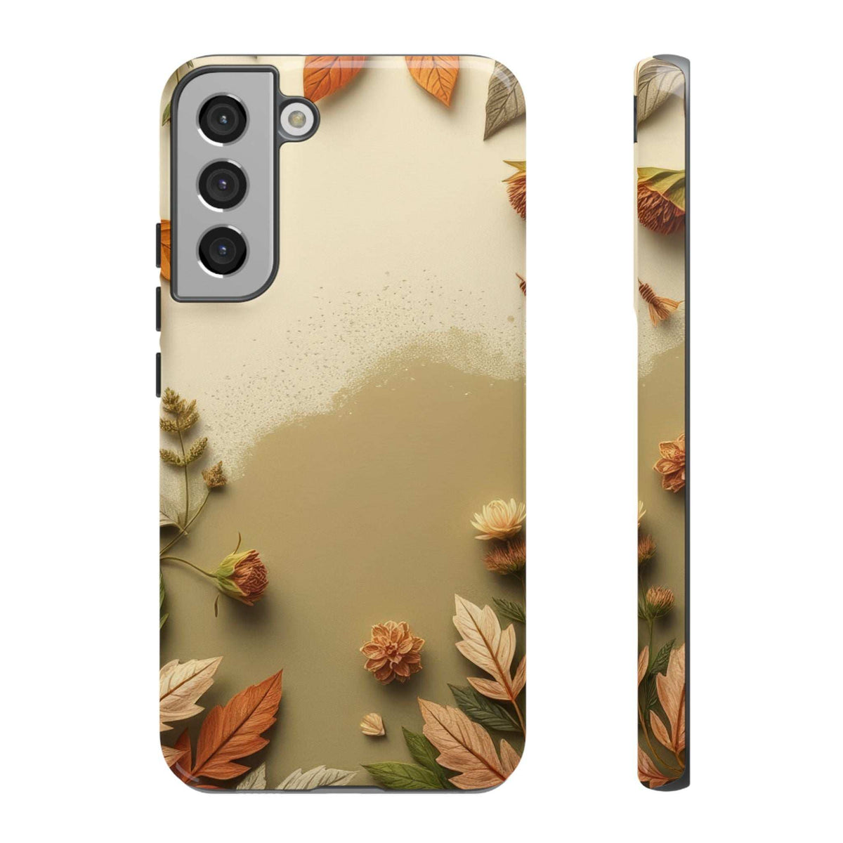 Slim phone case with autumn leaves pattern on beige, cutout for triple camera