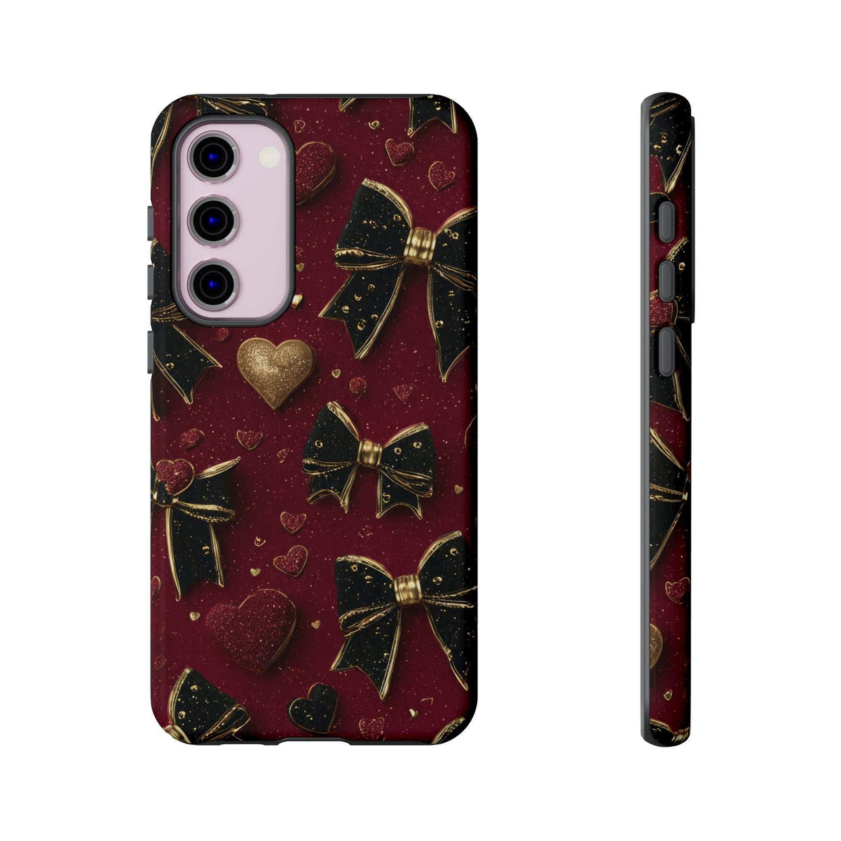 Valentine charm phone case with burgundy glitter hearts and gold bow pattern