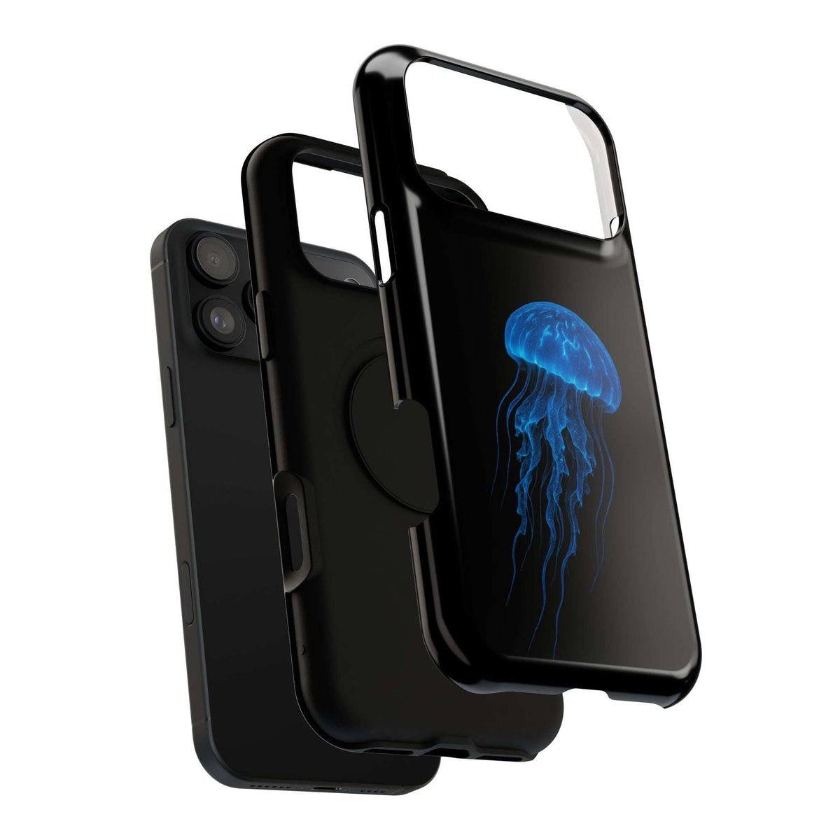 Black phone case with blue jellyfish graphic and raised screen and camera edges.