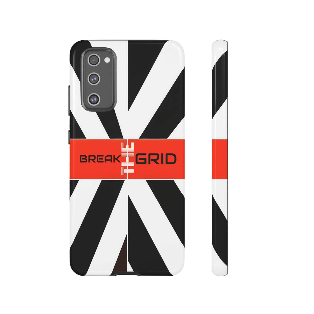 Phone case with black-and-white geometric stripes, red "Break Grid" band, front and side view.
