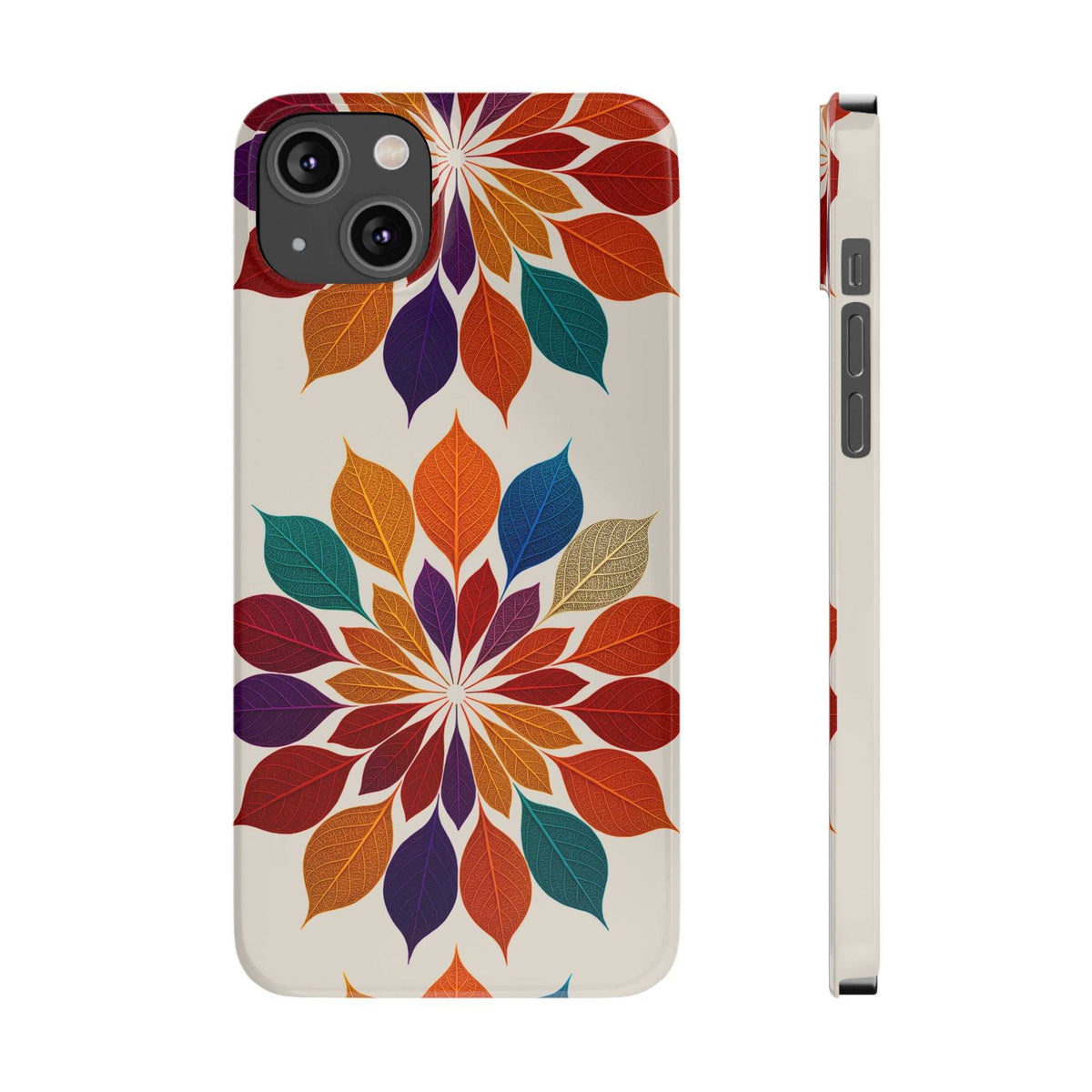Leaf mandala phone case with multicolor leaf mandala pattern and side button openings
