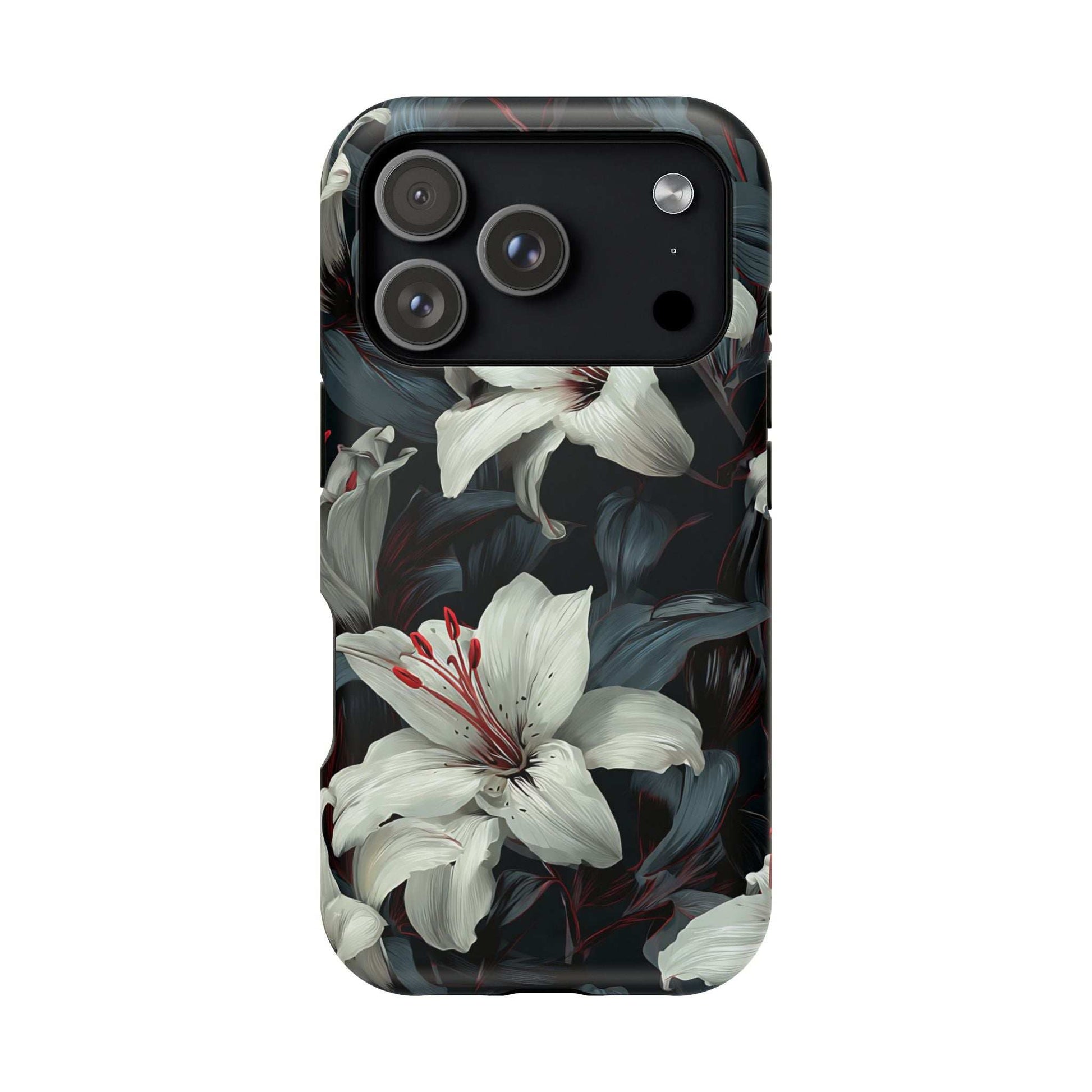 iPhone 13-17 floral phone case featuring white lily flowers and dark leaves around camera lenses