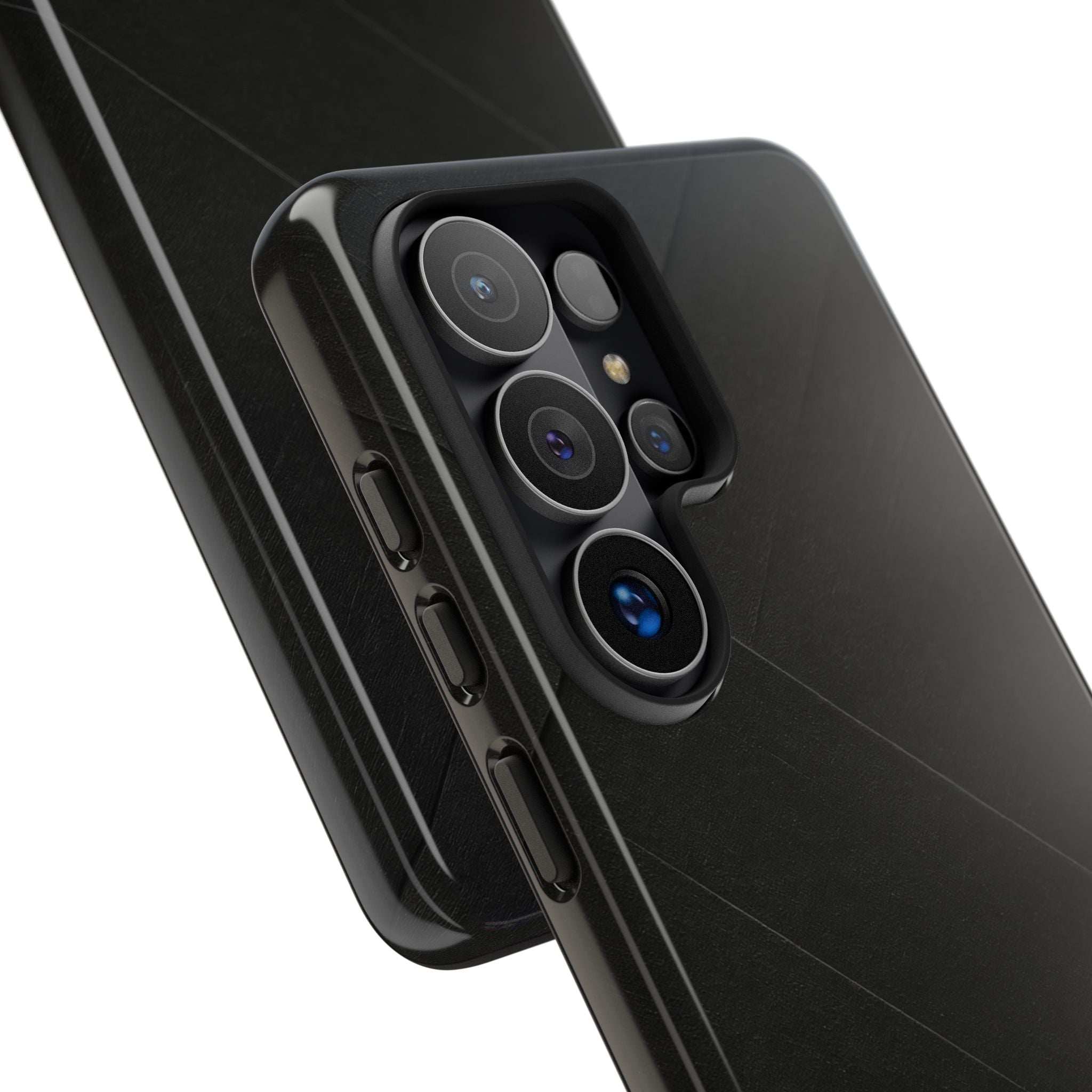 Diagonal line matte black phone case showing camera lens openings and side button cutouts