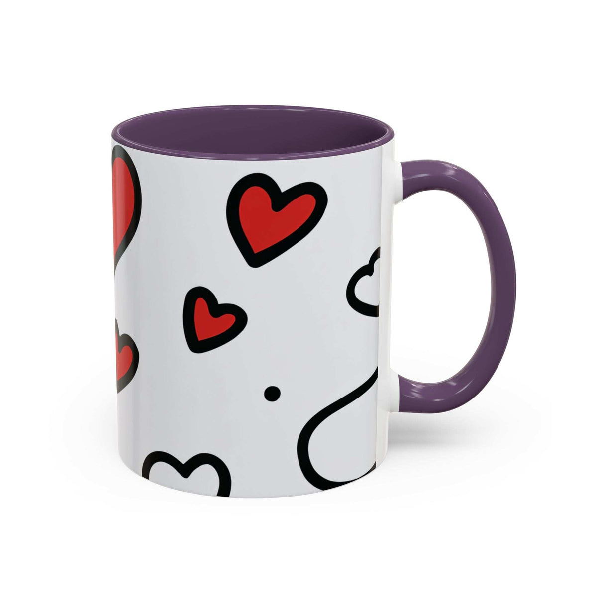 Heart-accent coffee mug, white with red hearts, purple rim and handle