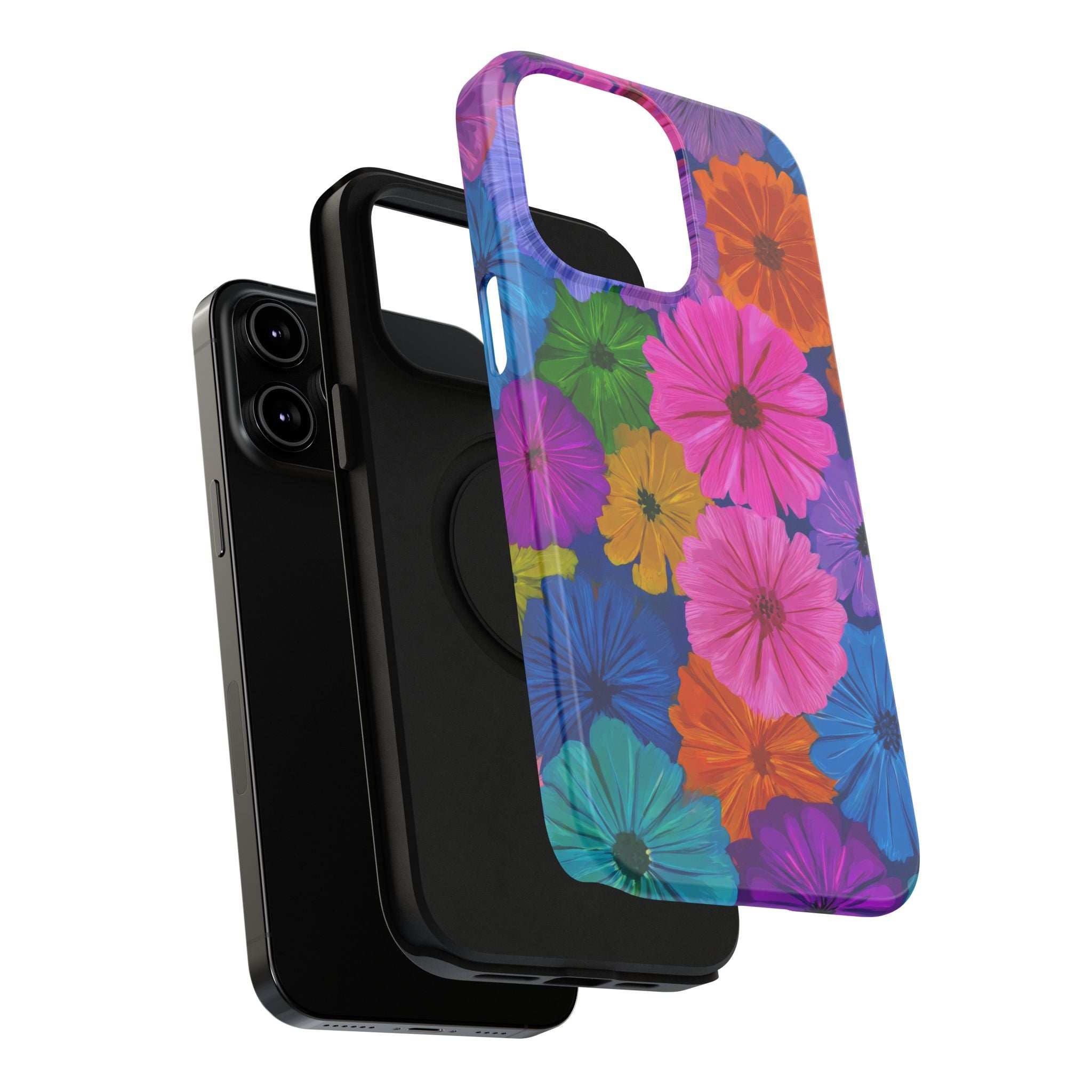 Bloom floral phone case with colorful blossoms and protective black border
