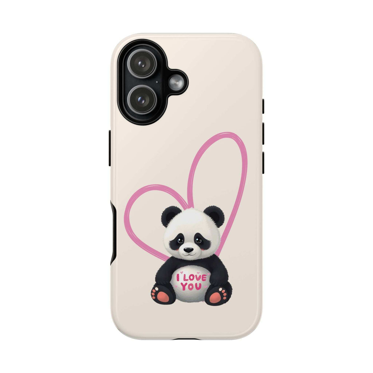 Beige phone case with panda in pink heart, camera cutouts and side openings visible