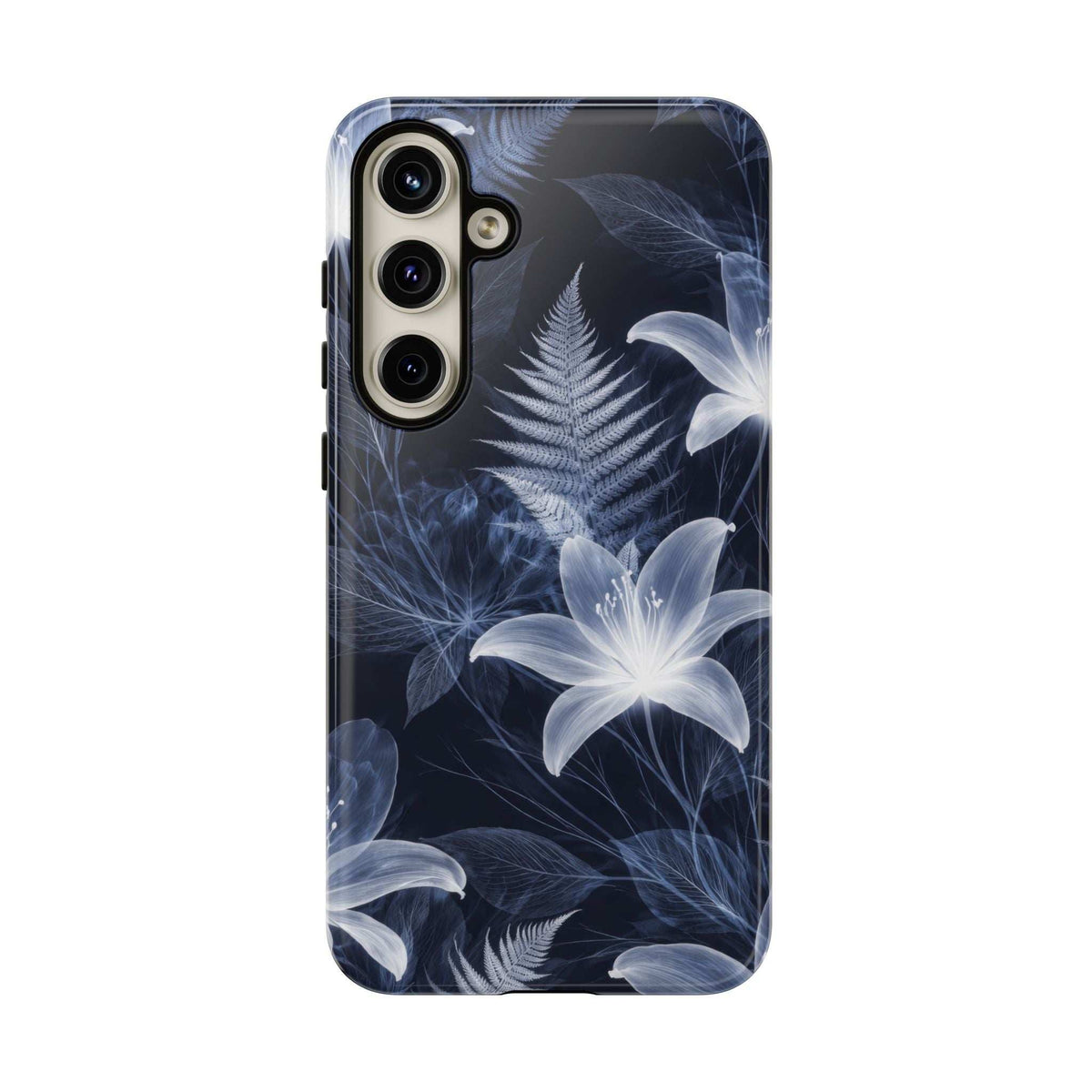 Phone case with dark blue botanical design and white blossoms, smooth front surface