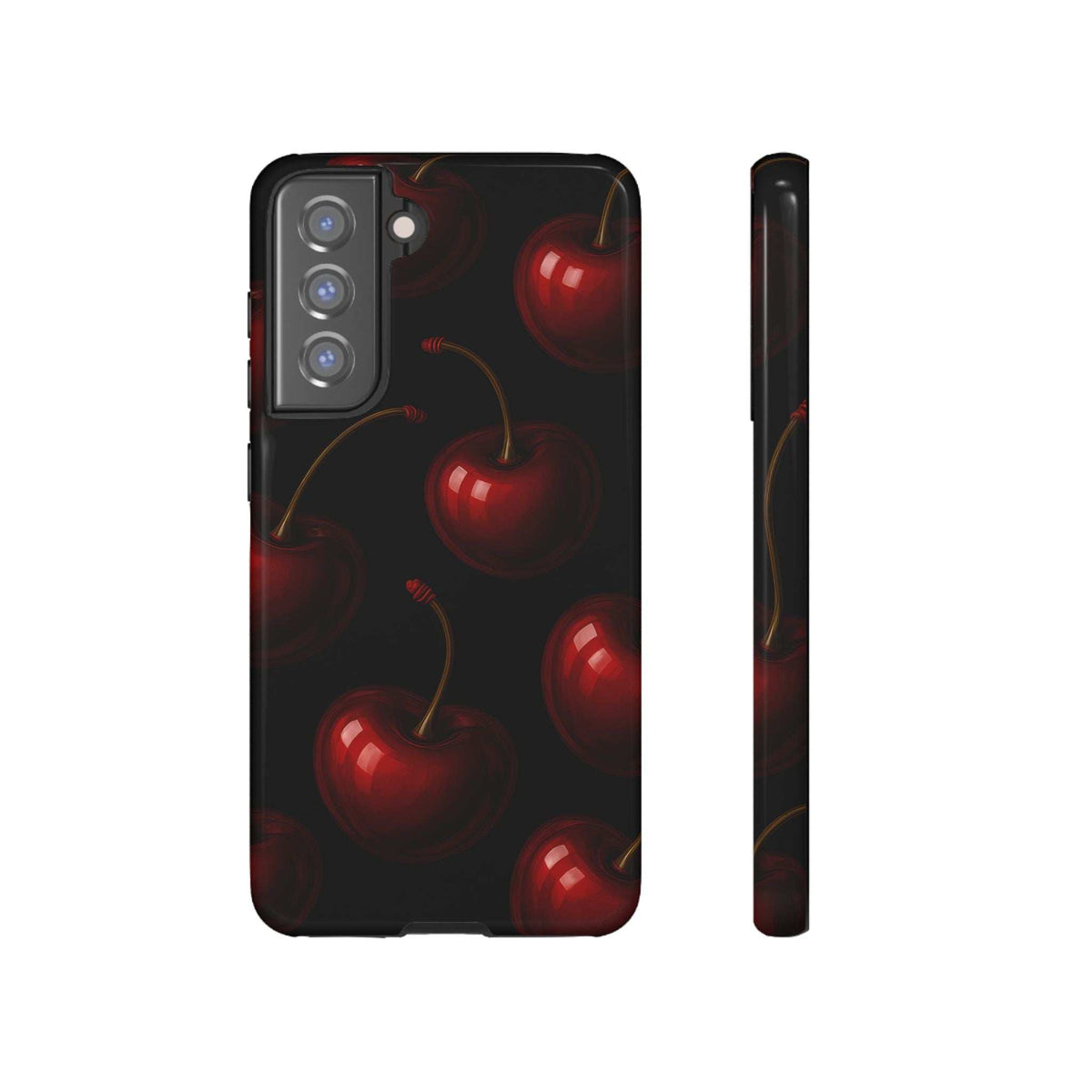 Glossy phone case with black and red cherry print, side profile showing slim edges
