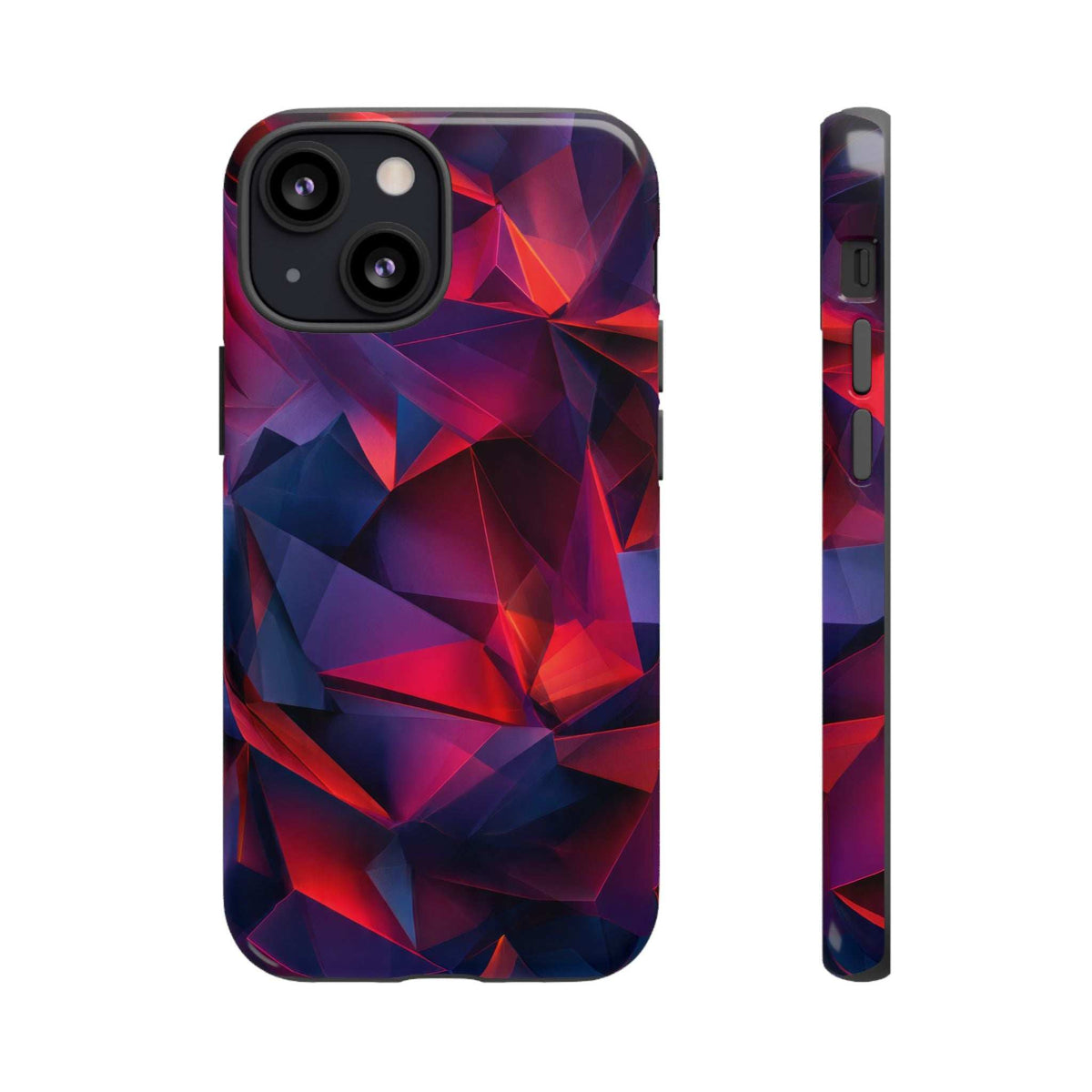 Glossy red-blue crystalline prism phone case with multi-lens camera cutout.