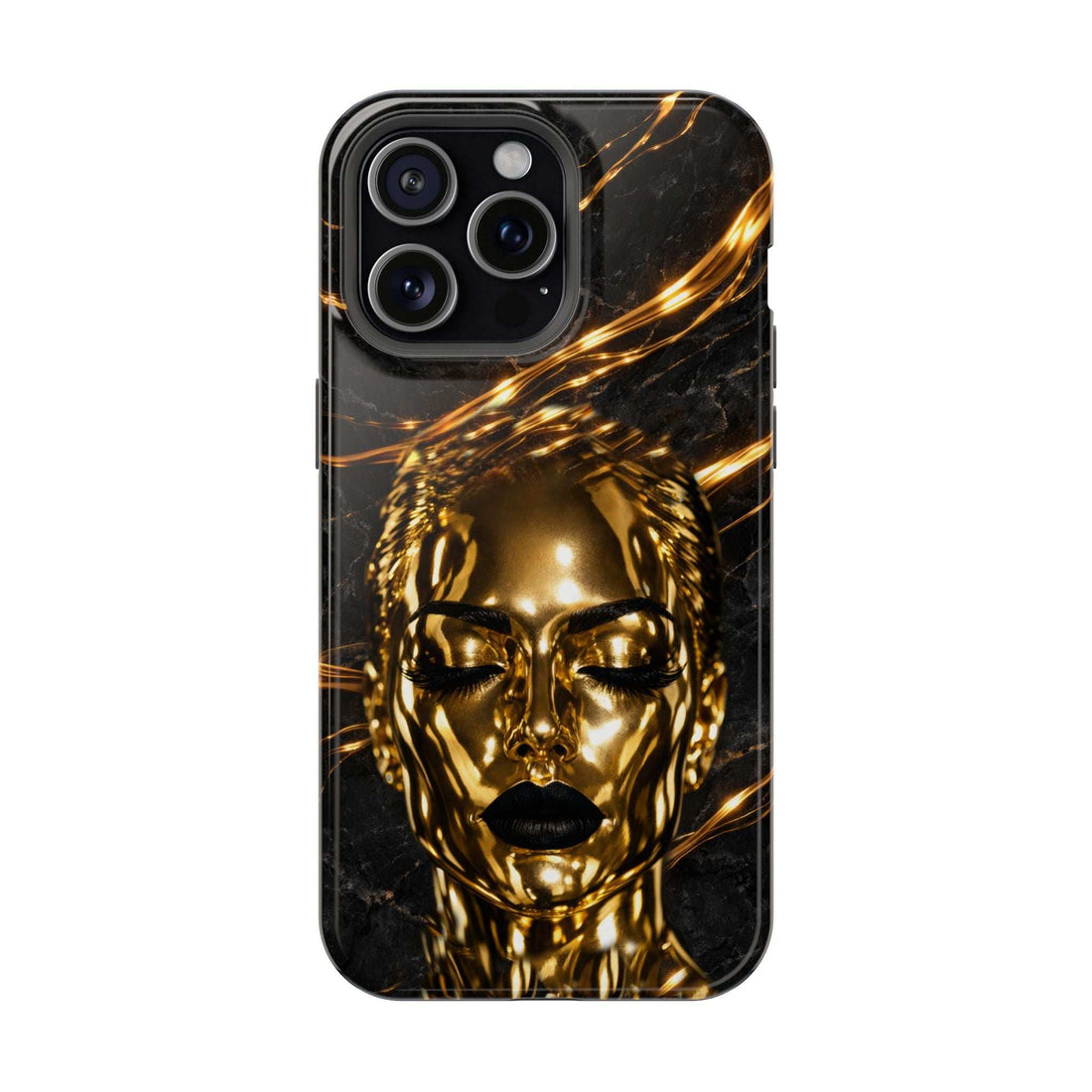 Luxury portrait phone case with gold face design on a dark background