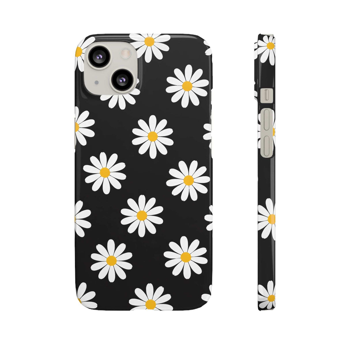Black phone case with white daisy pattern and yellow centers, side buttons and camera opening.