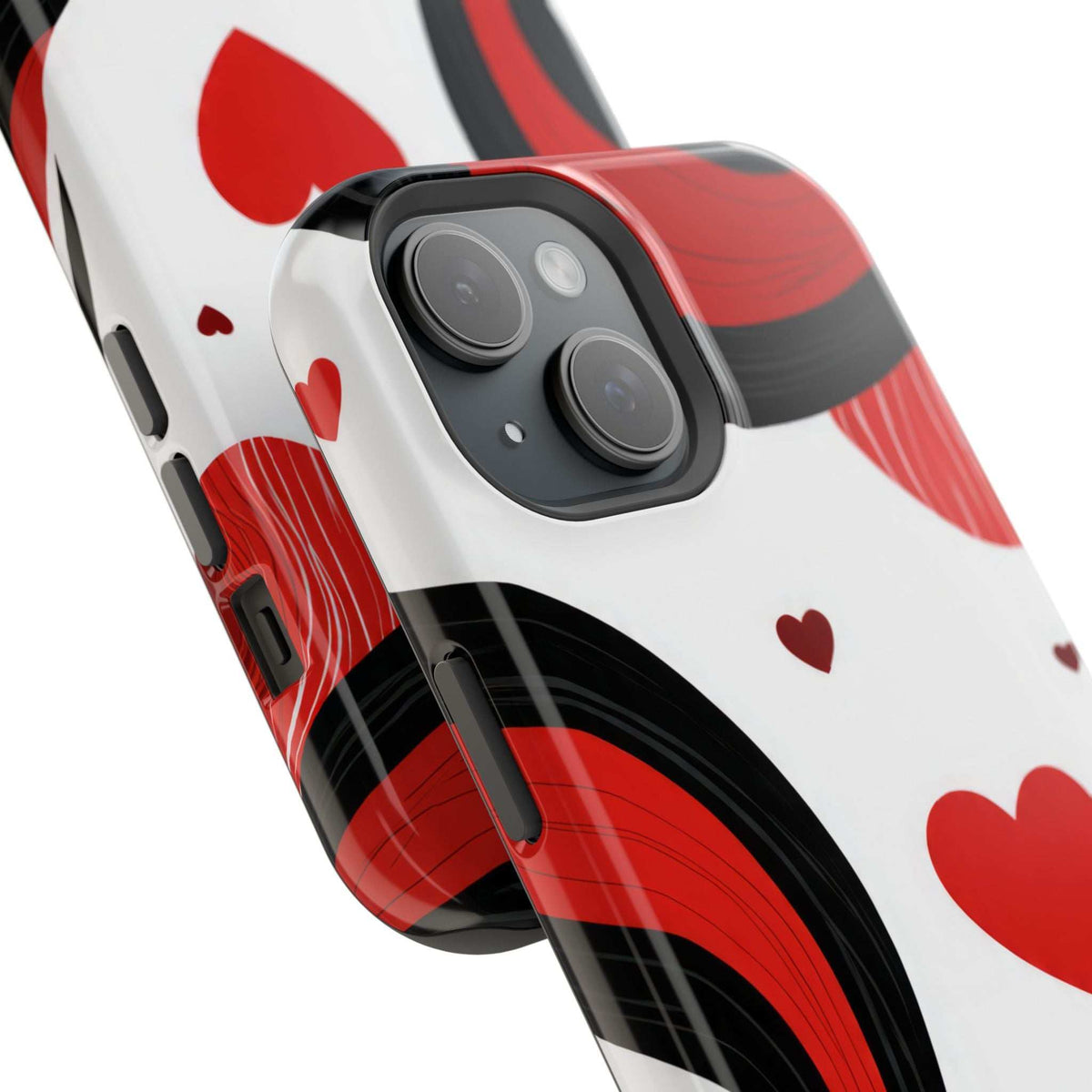 Phone case close-up showing camera cutout; red heart and swirl design on white background.