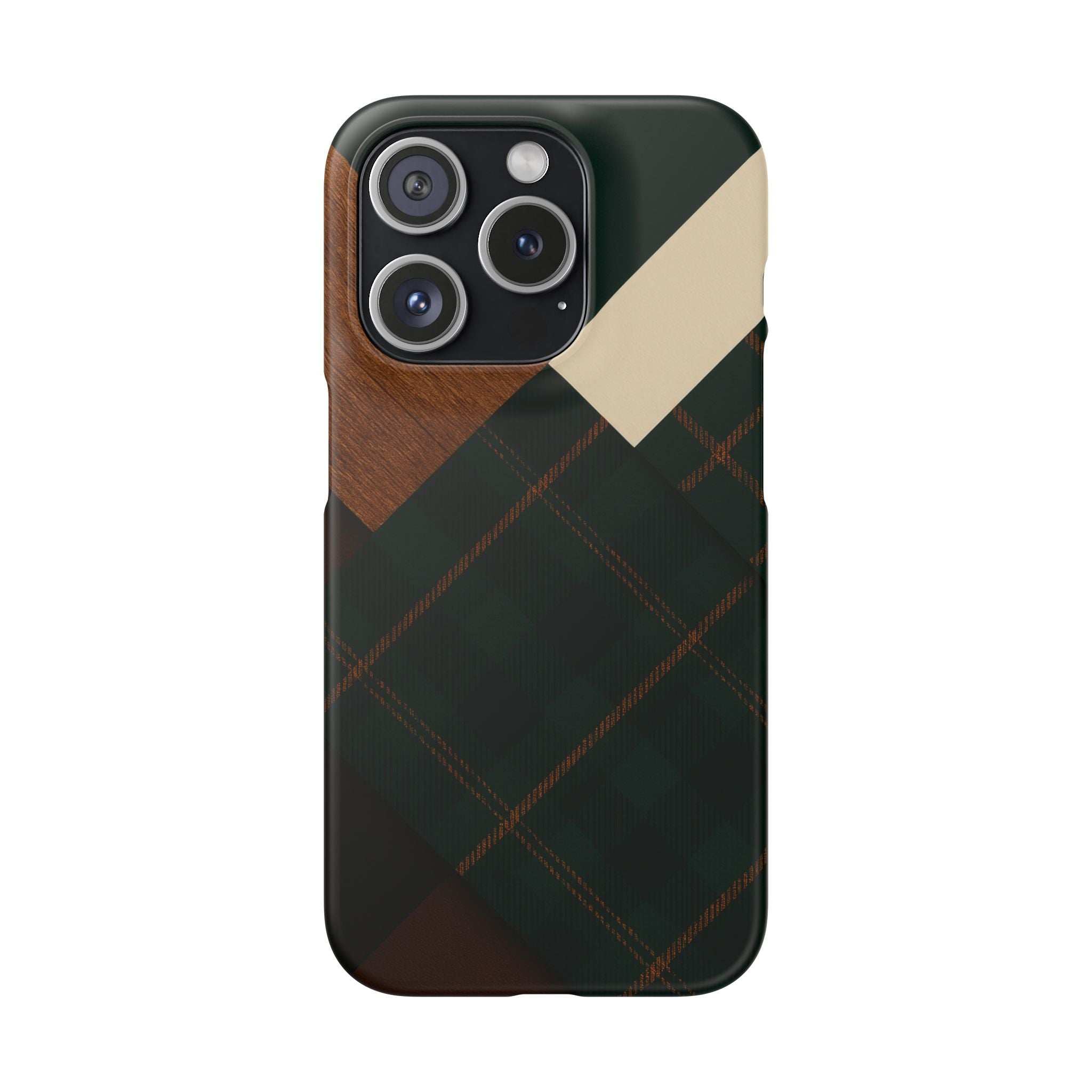 Dark green and rust plaid phone case with wood texture, diagonal cream corner, camera cutout circles.