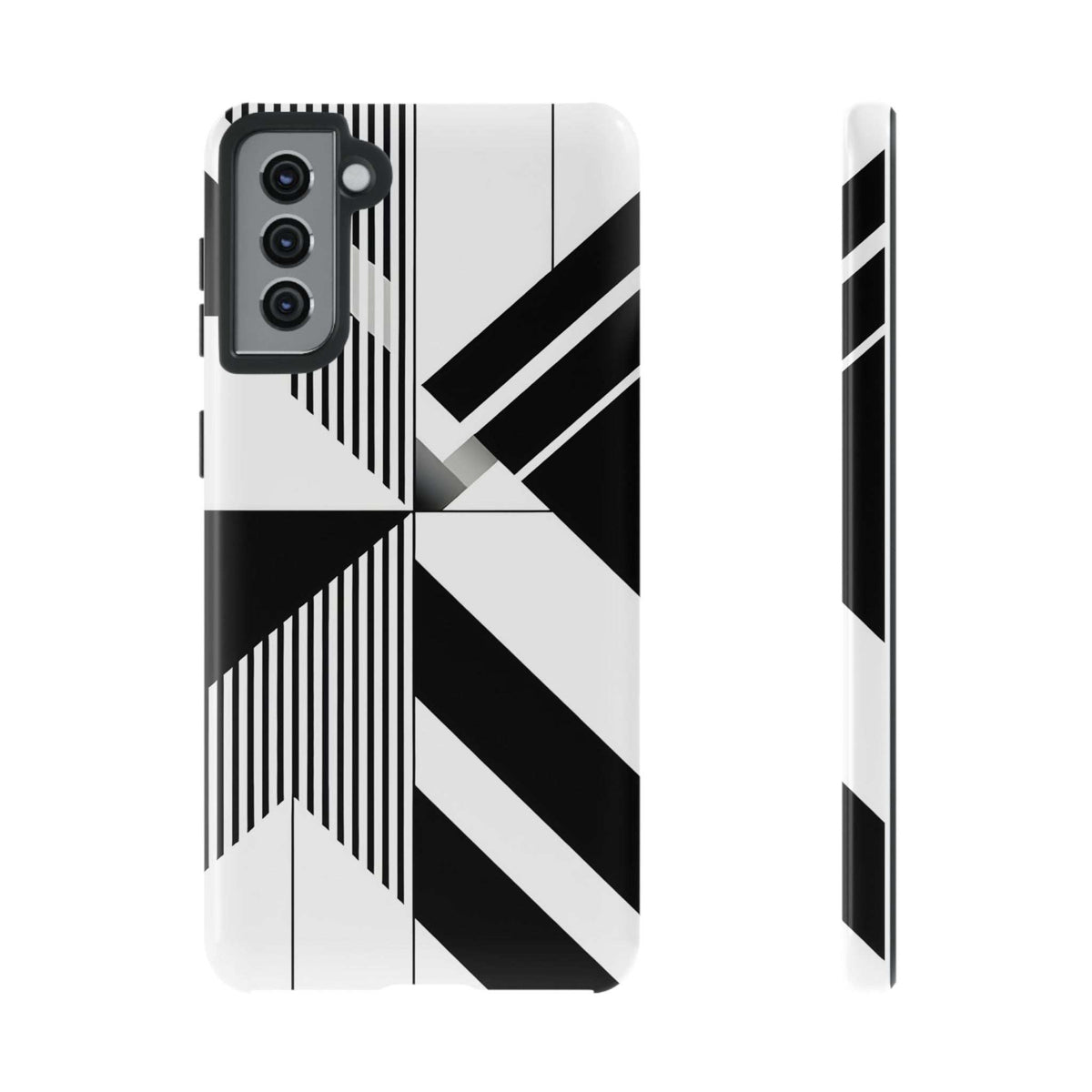 Tough phone case with black-and-white geometric stripes, front and side angles shown.