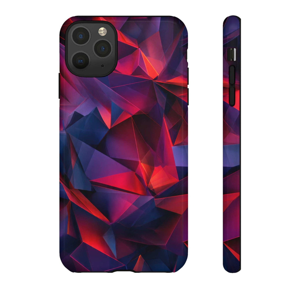 Glossy phone case with red and blue crystalline prism pattern, camera and flash cutouts.