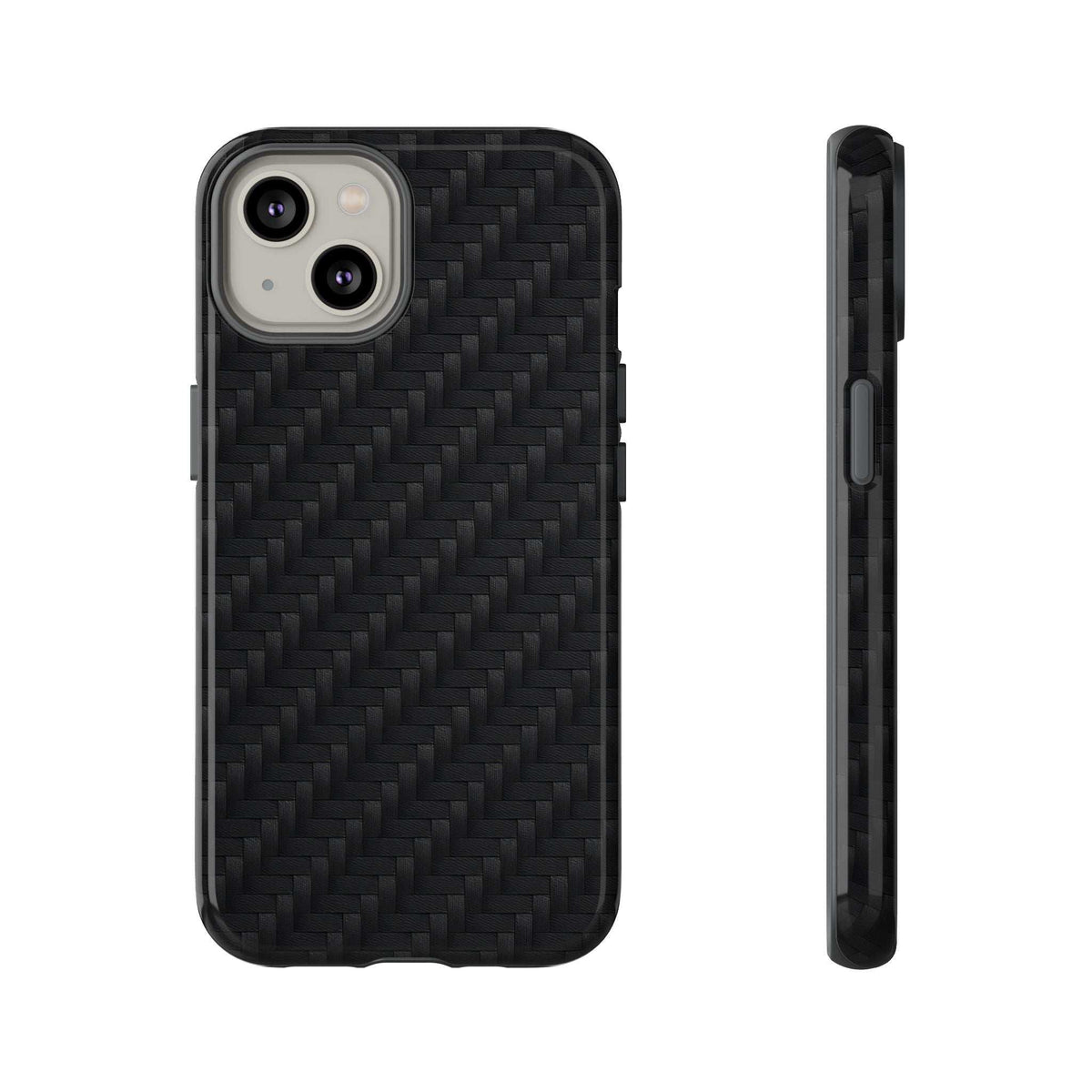 Black carbon fiber phone case with dual camera cutouts, glossy finish, front and side