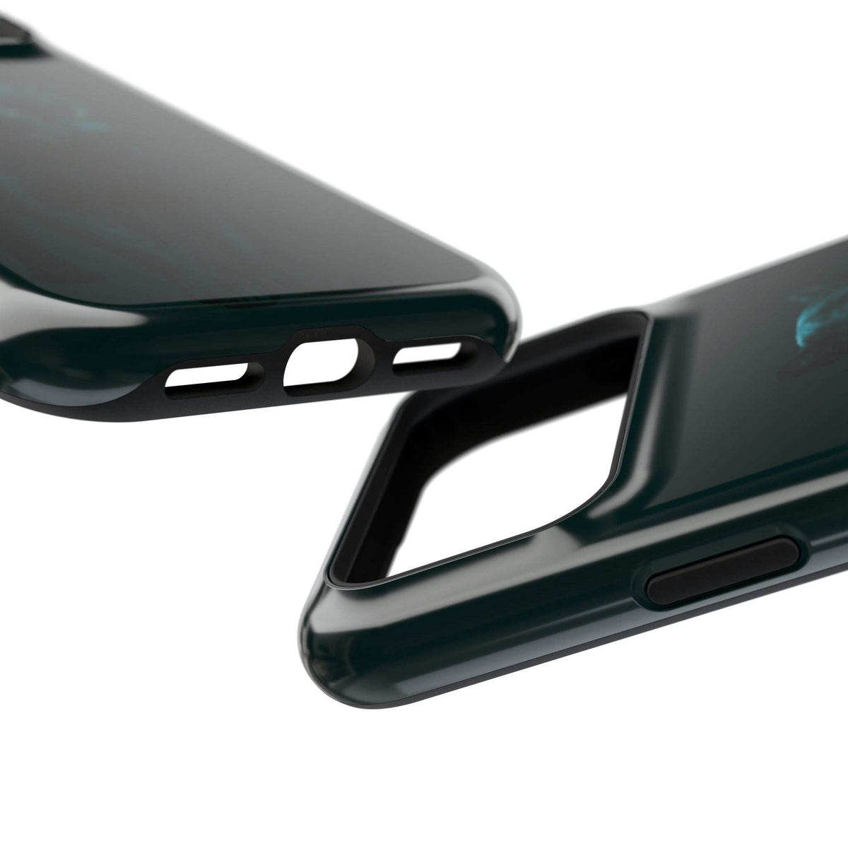 Glossy dark phone case corner with speaker cutouts and raised lip edge protection