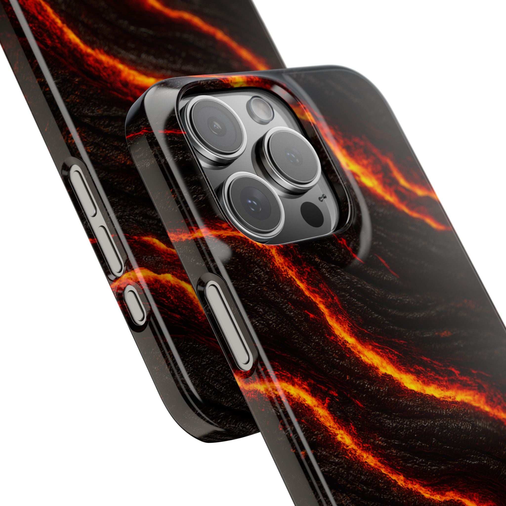Lava-wave phone case with camera cutouts and glowing orange-red lines