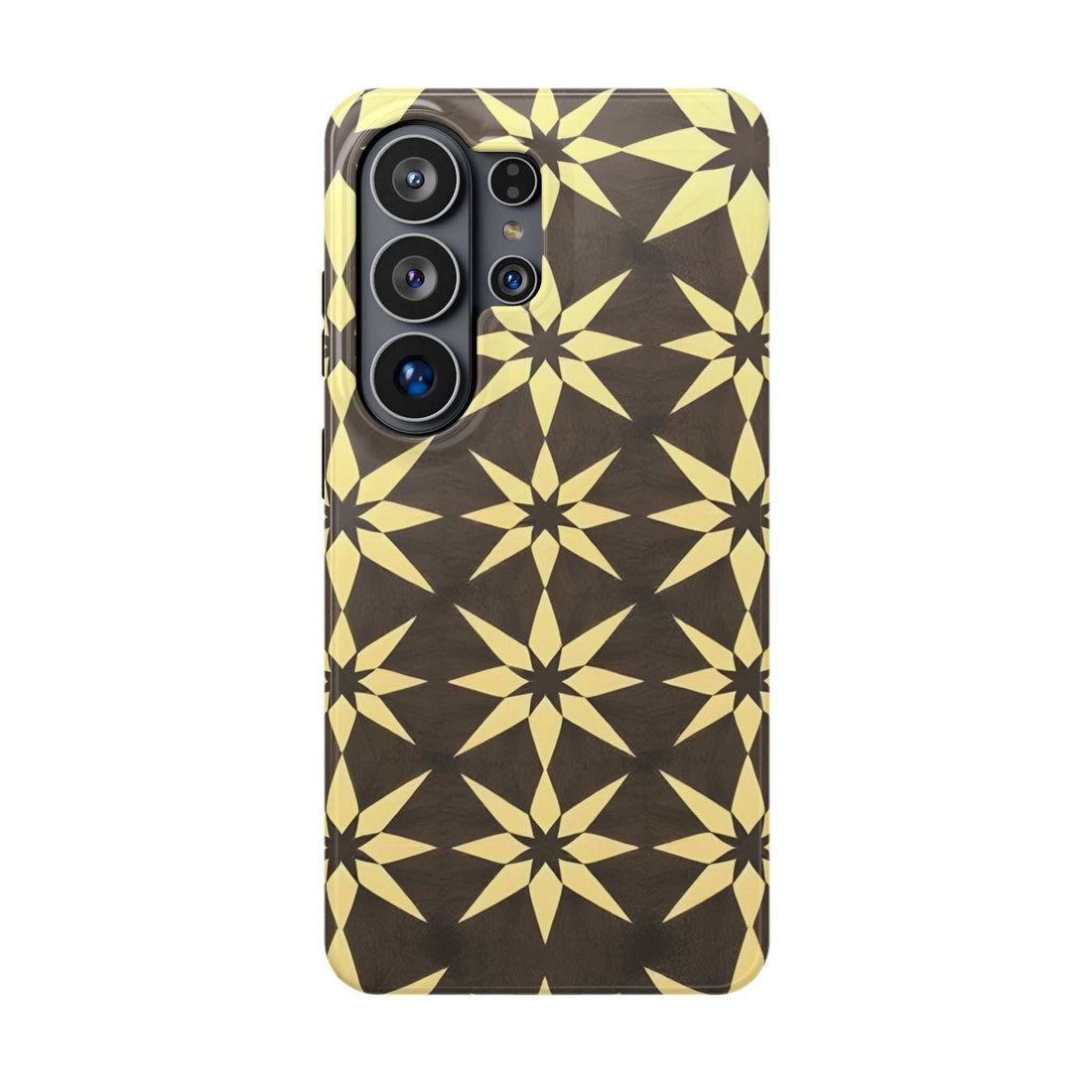 Star geometric phone case with gold pattern and black camera cutouts