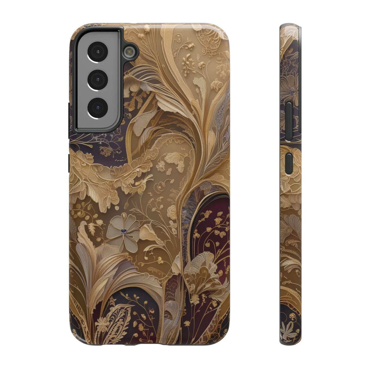 Botanical phone case with beige and dark floral artwork; side buttons and camera cutouts.