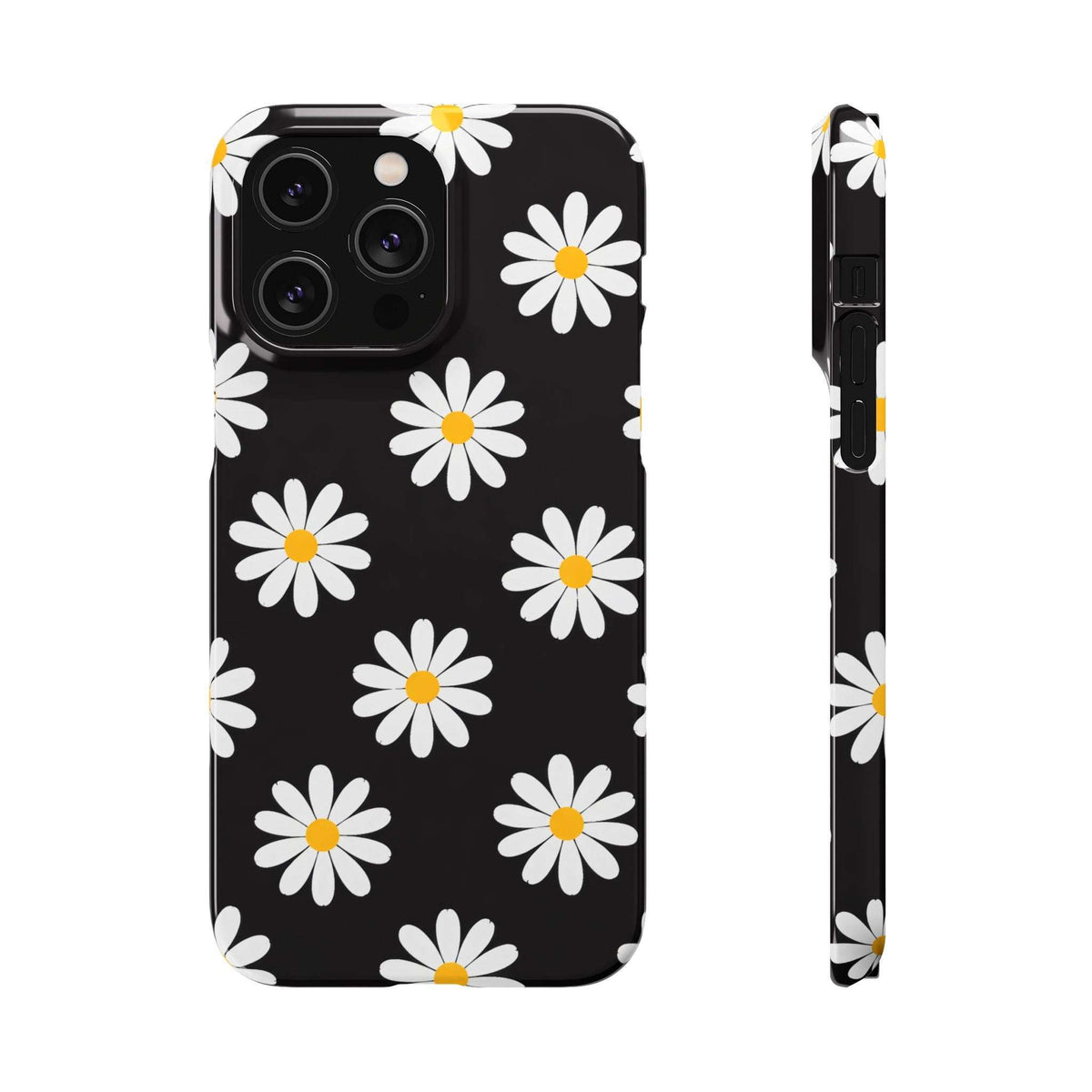 Black phone case with white daisies and yellow centers, front view with raised camera area