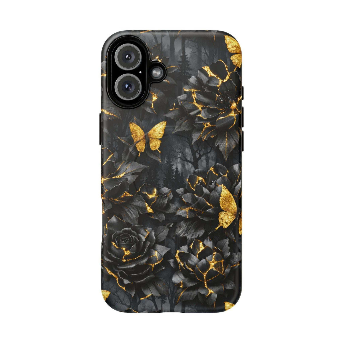 iPhone phone case with black roses, butterflies, and golden kintsugi crack artwork