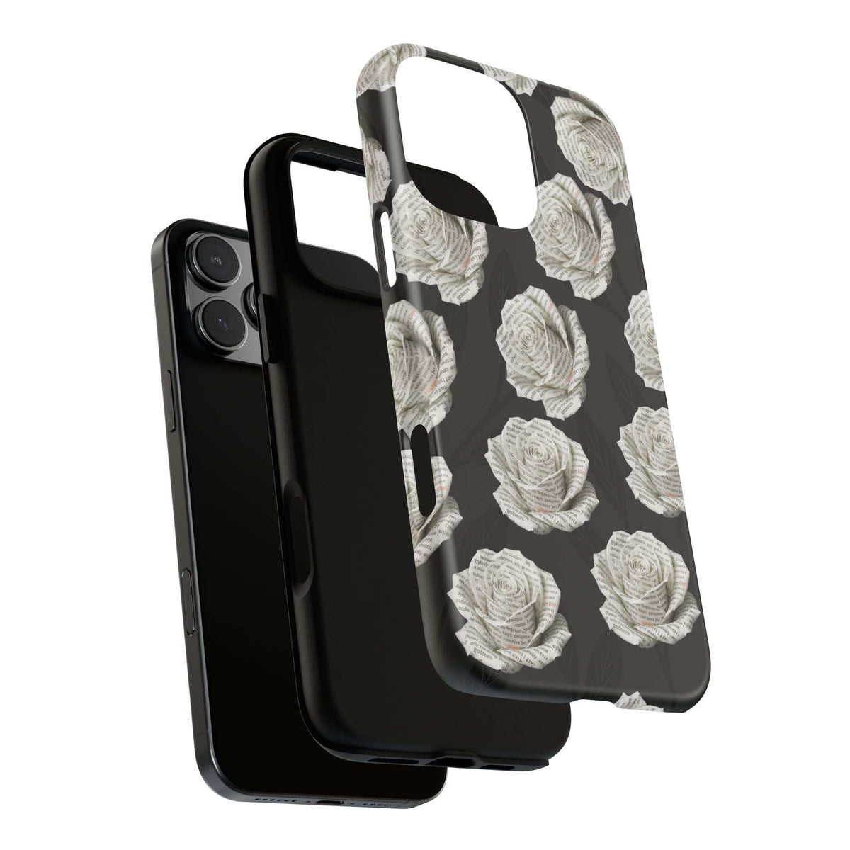Black phone case with white rose design; angled back view with camera opening visible.