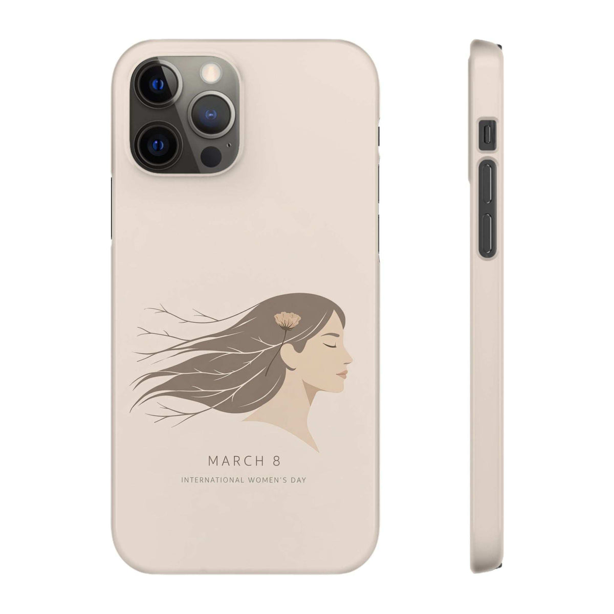 Beige phone case showing camera openings and side profile, with woman profile and flower graphic