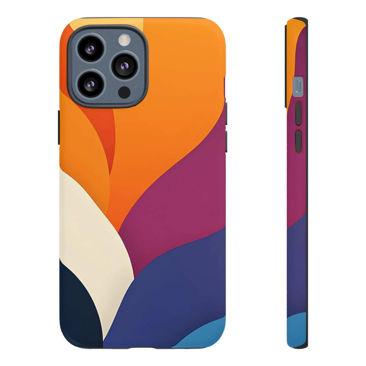 Abstract phone case with orange, magenta, navy, and cream wave artwork; camera module opening.