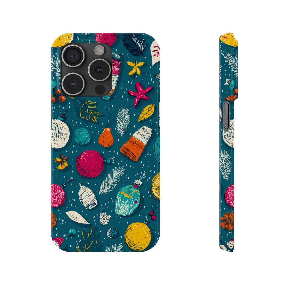 Winter Joy phone case, teal with colorful holiday icons; side edge with port access