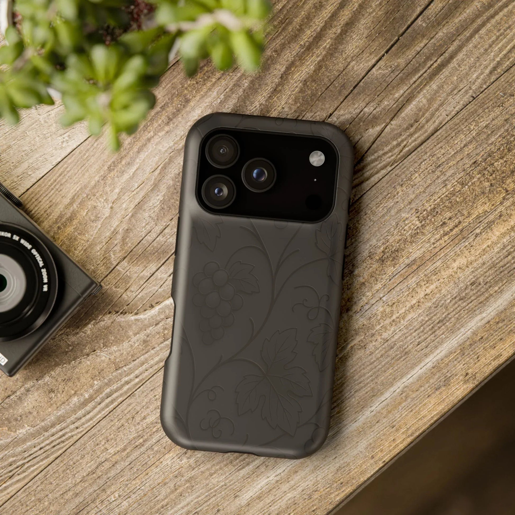 Elegant Embossed Grape Leaf Black Phone Case for iPhone and Galaxy - KARARMDESIGN