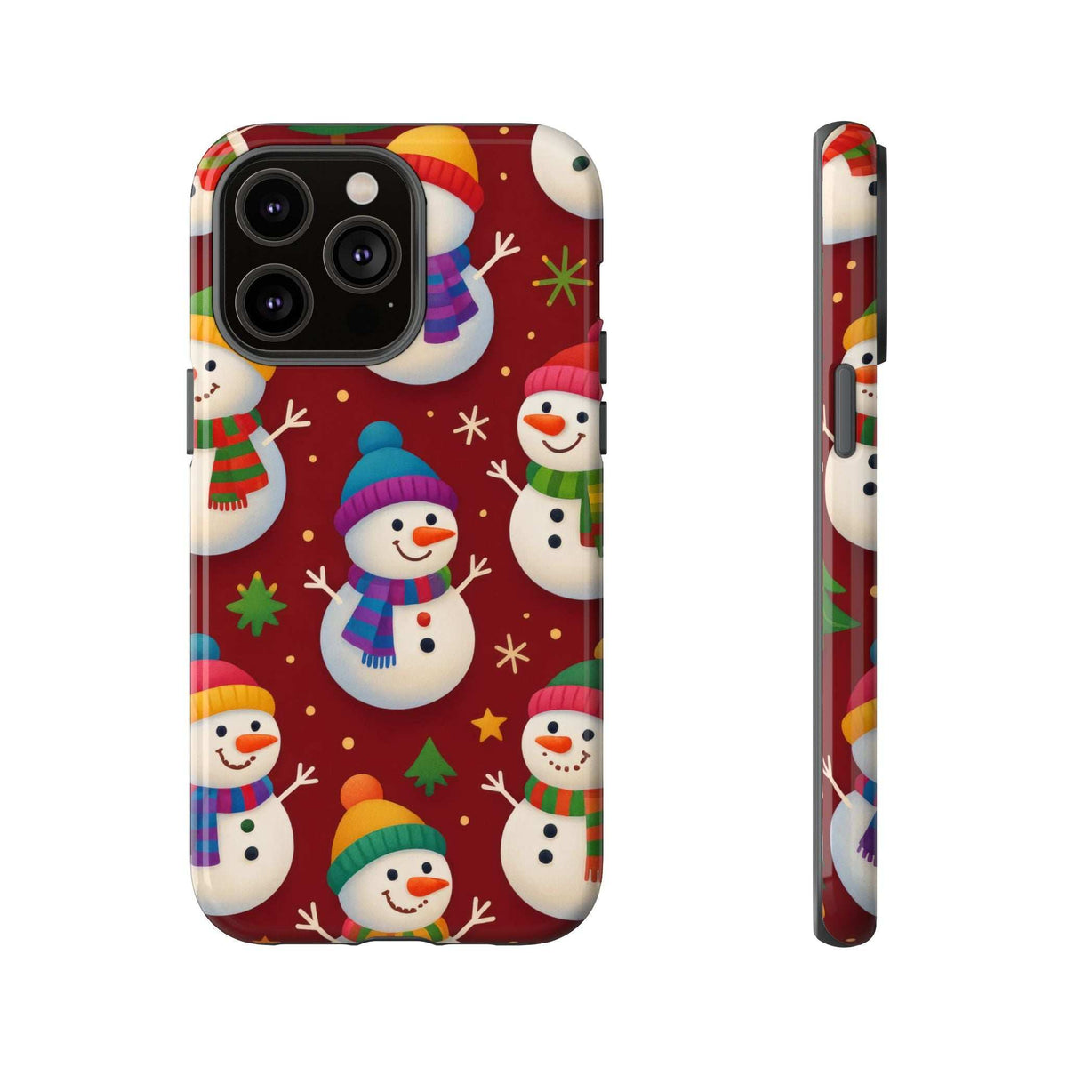 Glossy phone case featuring repeated snowmen, hats, and scarves; camera openings and buttons.