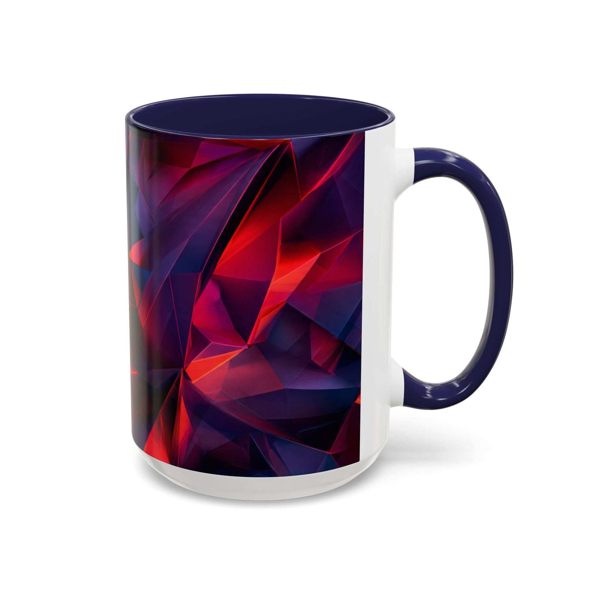 Ceramic mug with dark blue rim and handle, abstract red and blue geometric pattern.