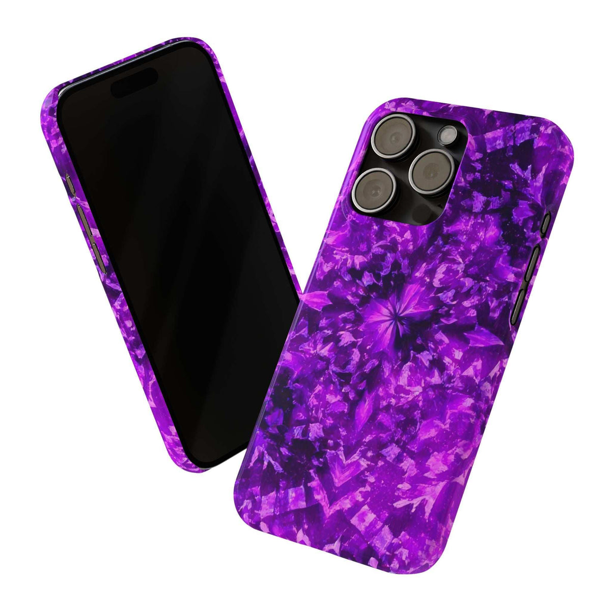 Purple kaleidoscope phone case set with back and front views, rounded edges visible.