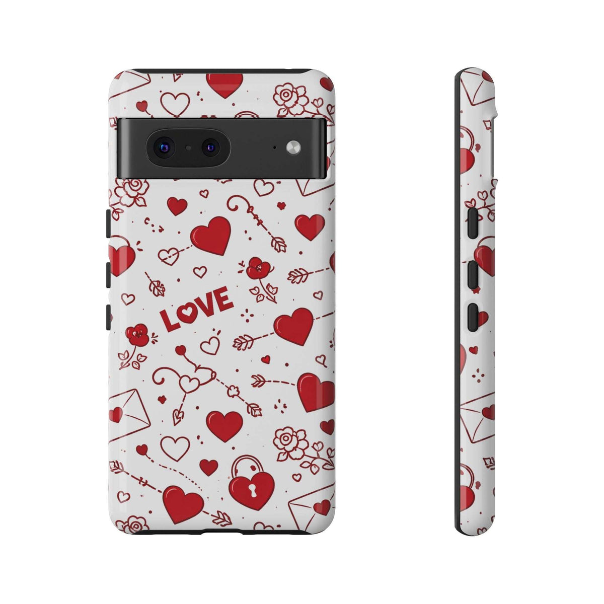 Glossy white phone case with red hearts and “LOVE” text, showing camera cutouts