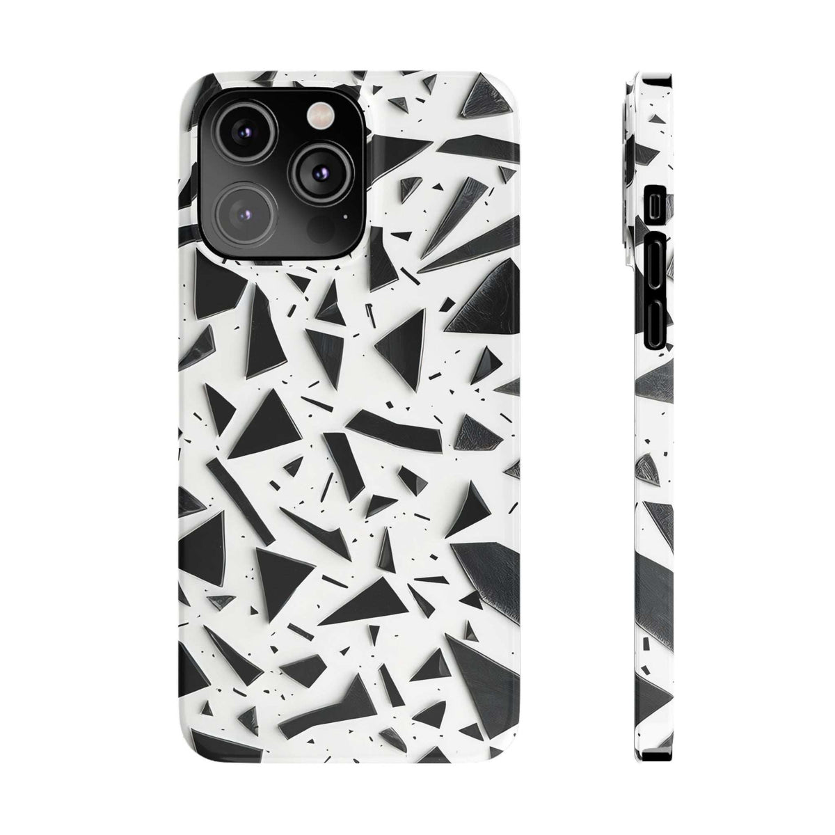 iPhone slim phone case with white base and black abstract shapes, side cut