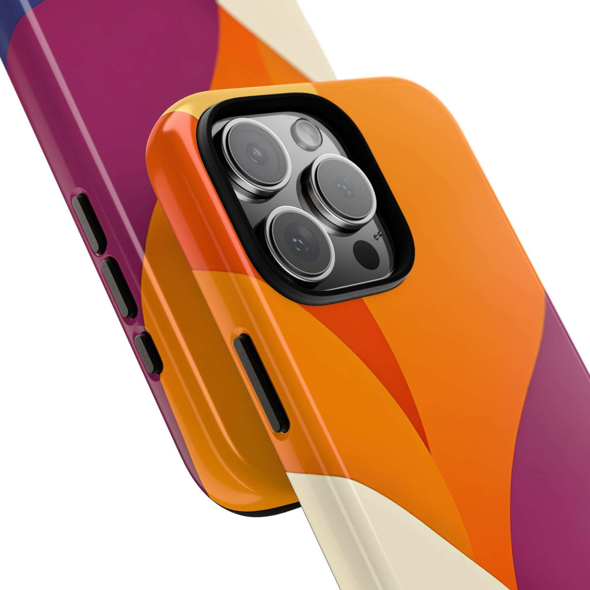 Phone case with abstract orange and purple geometric pattern; raised camera lens cover