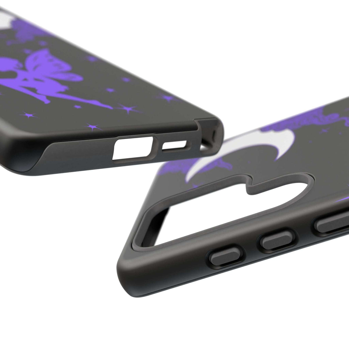 Black phone case close-up of side profile with button ports and purple star pattern.