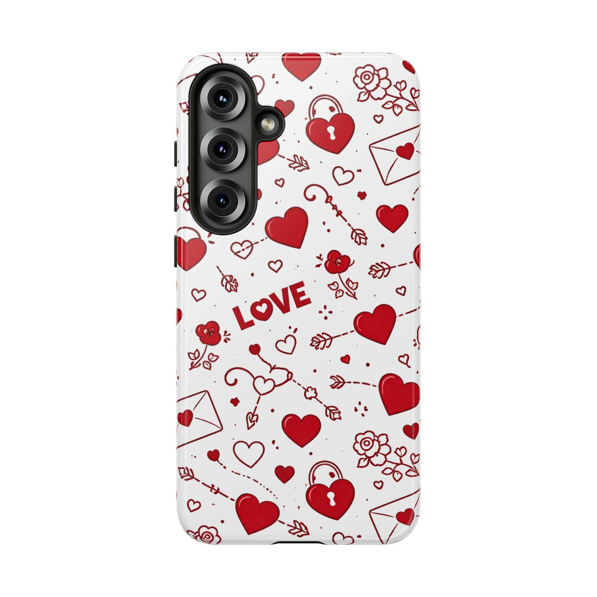 Glossy white phone case with scattered red hearts and love doodles; camera cutouts