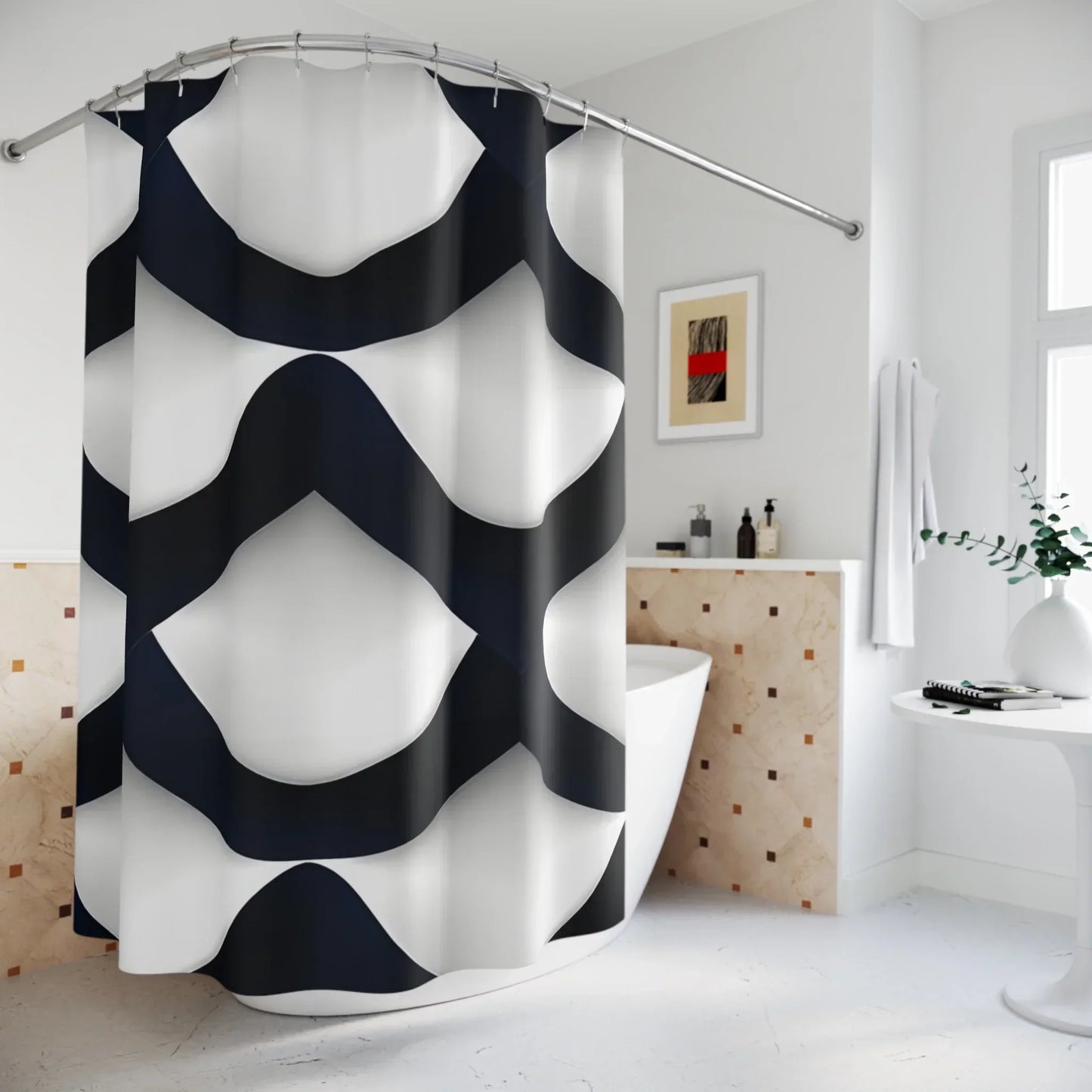 Modern Navy Blue & White Shower Curtain with Geometric Wave Pattern - KarArmDesign