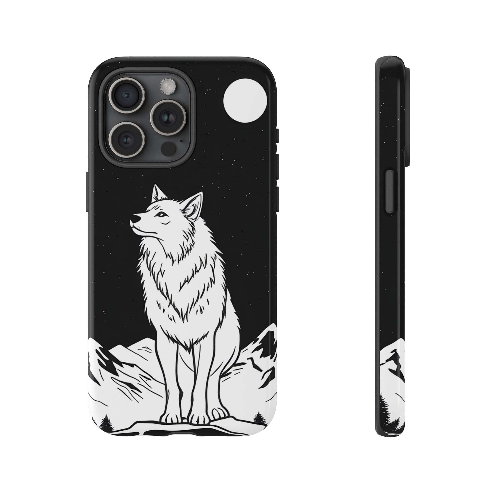 Black phone case with white wolf illustration on rocky ground, camera cutouts, side view