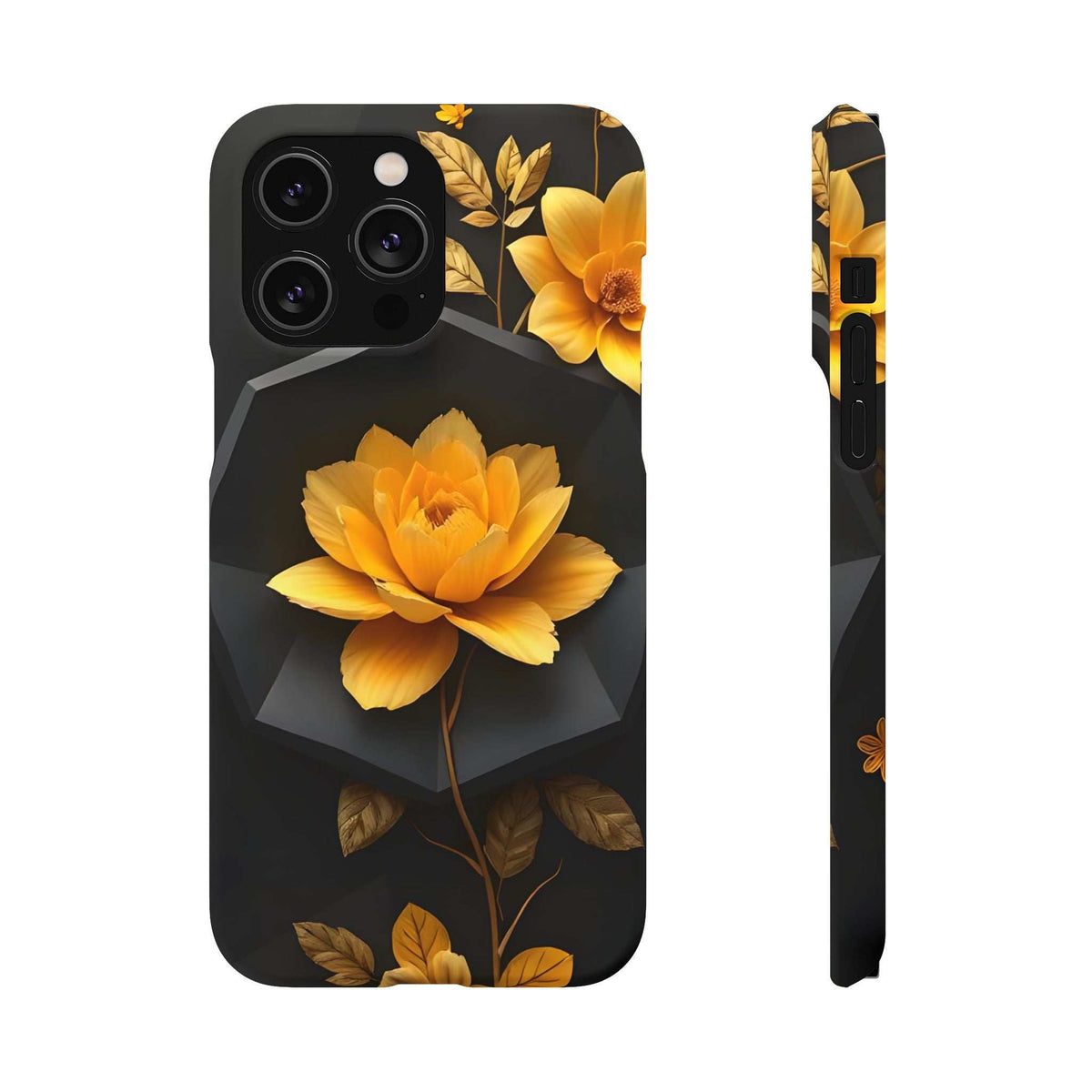 Phone case with yellow flower bouquet on dark background, showing front and side profile