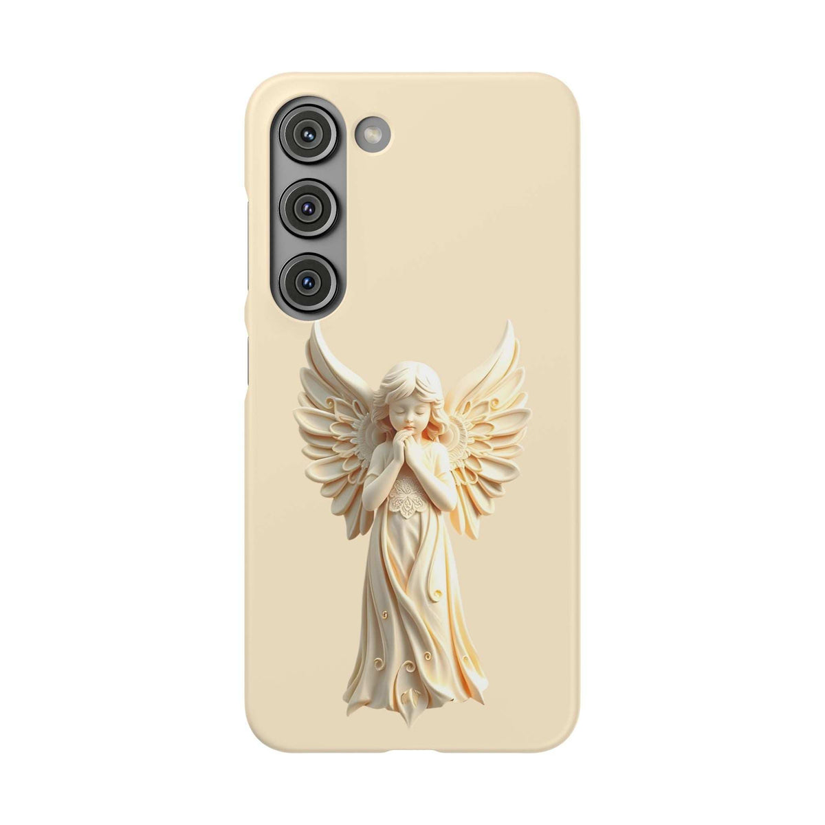 Cream phone case with angel wings artwork and camera cutout area at the top left corner.