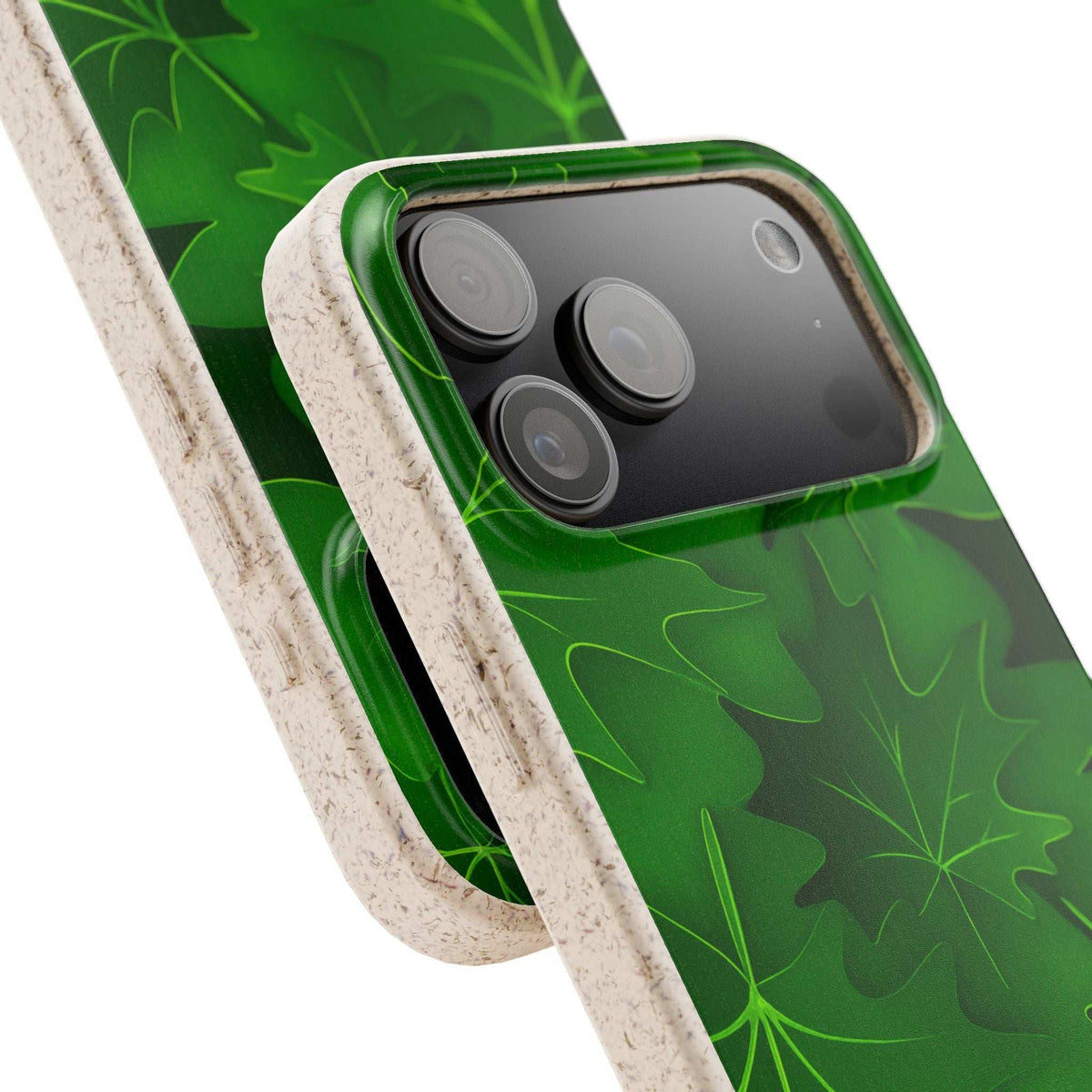Green leaf phone case corner detail with camera lens cutouts and bumper edge
