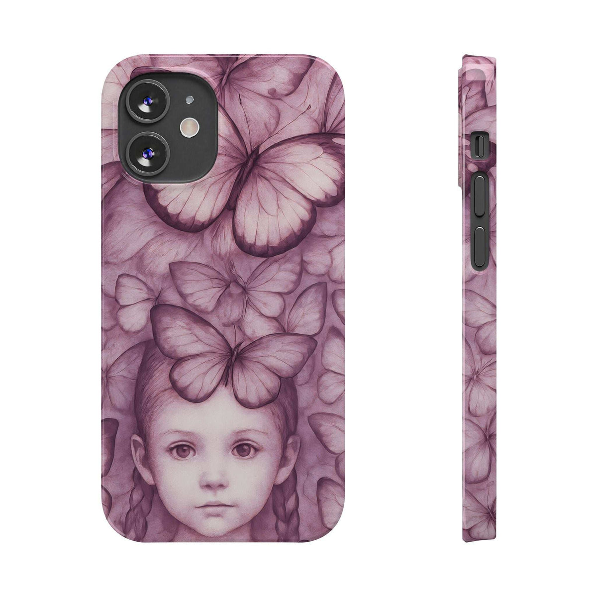 Purple butterfly phone case with young girl portrait; matching side view with openings.