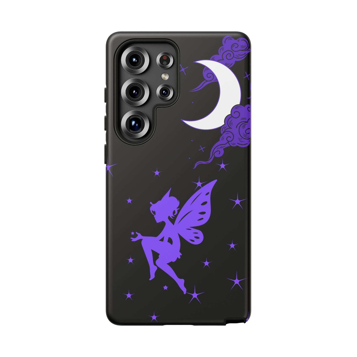 Black phone case with purple fairy silhouette, crescent moon, cloud swirls, and stars; side grips