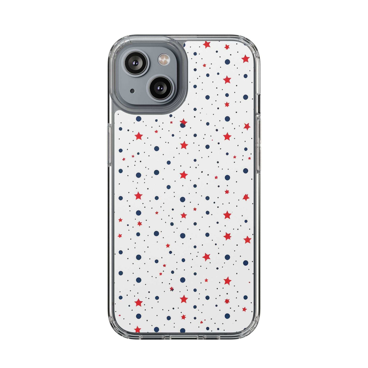 Clear phone case with red stars and blue polka dots on white; camera cutouts at top