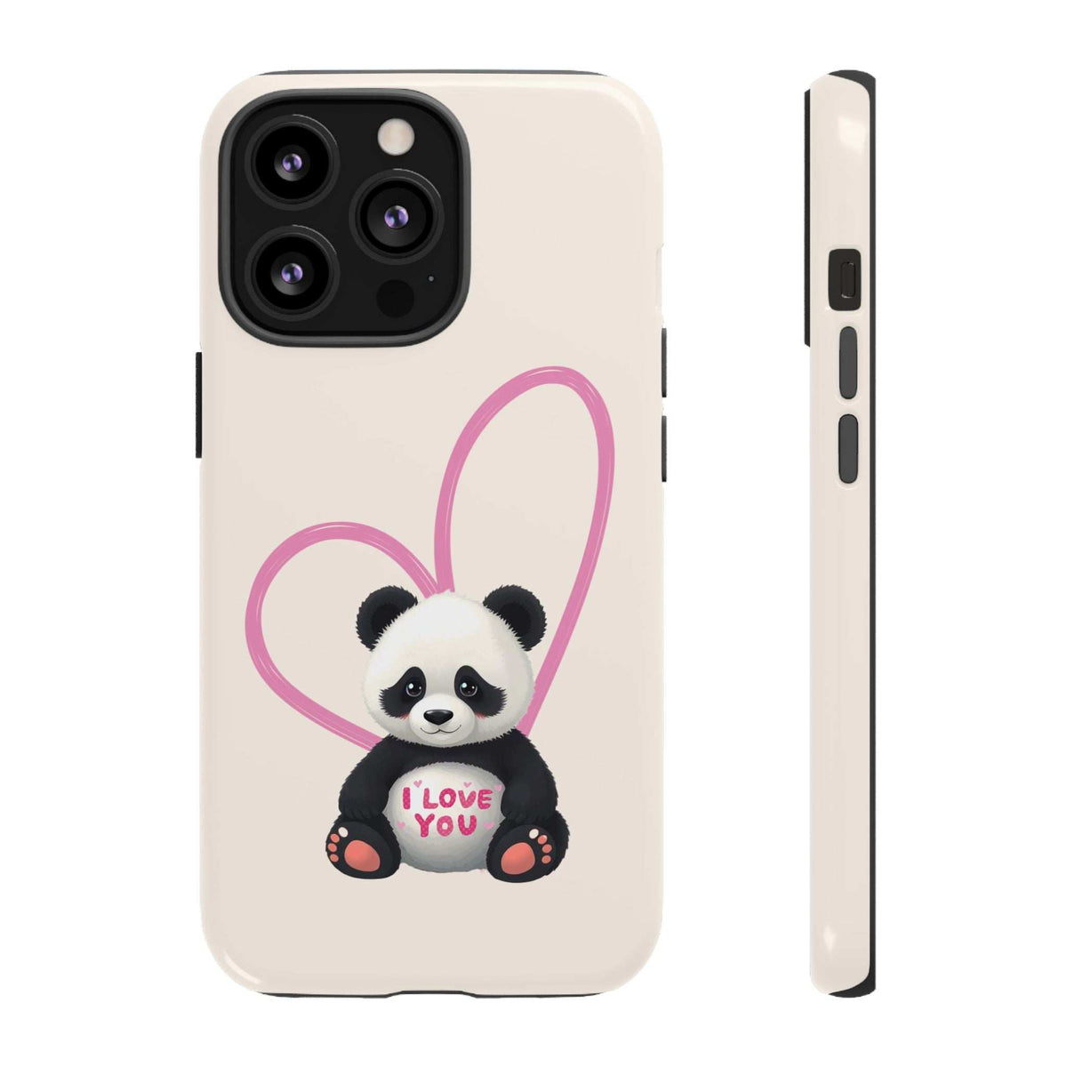Cream phone case with cute panda in pink heart, “I LOVE YOU” on the front; camera lens
