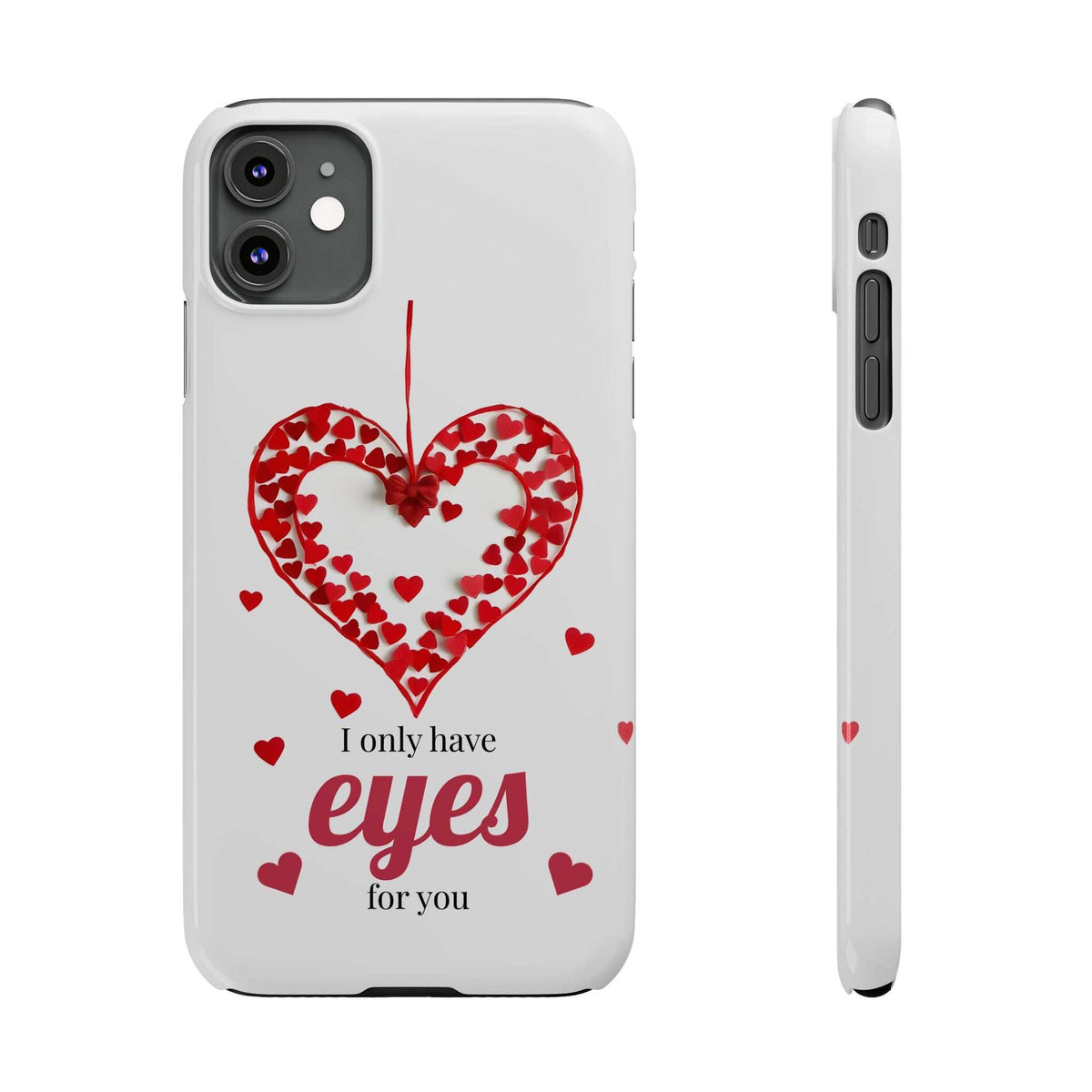 White phone case front and side view with red heart graphic and hearts pattern