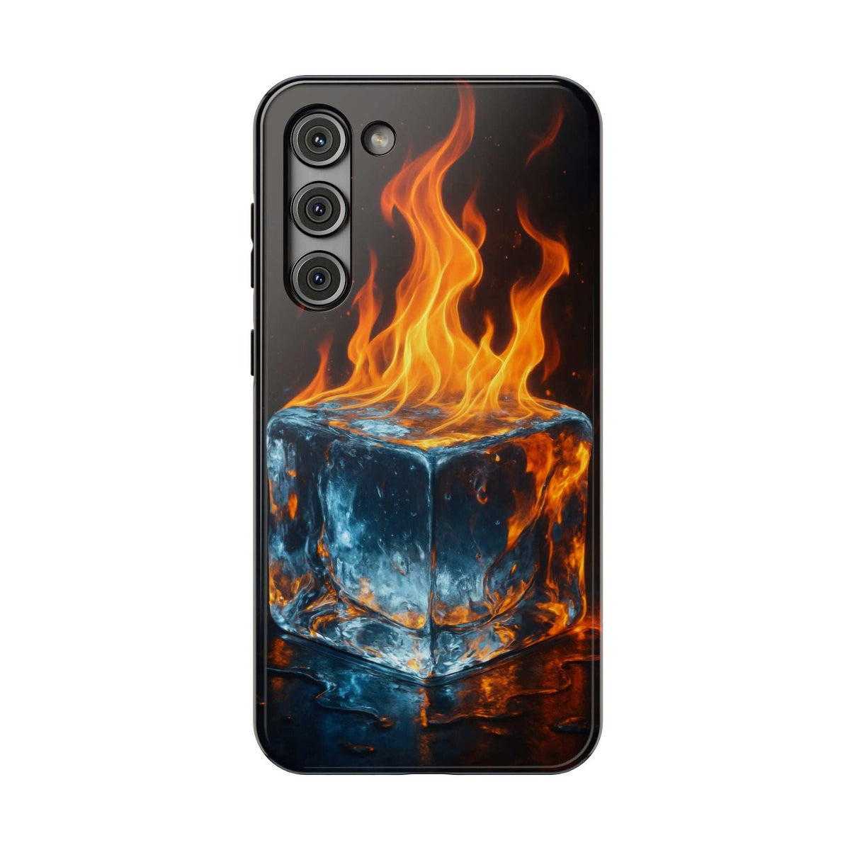 Black glossy phone case with flame-and-ice cube graphic and raised camera bump